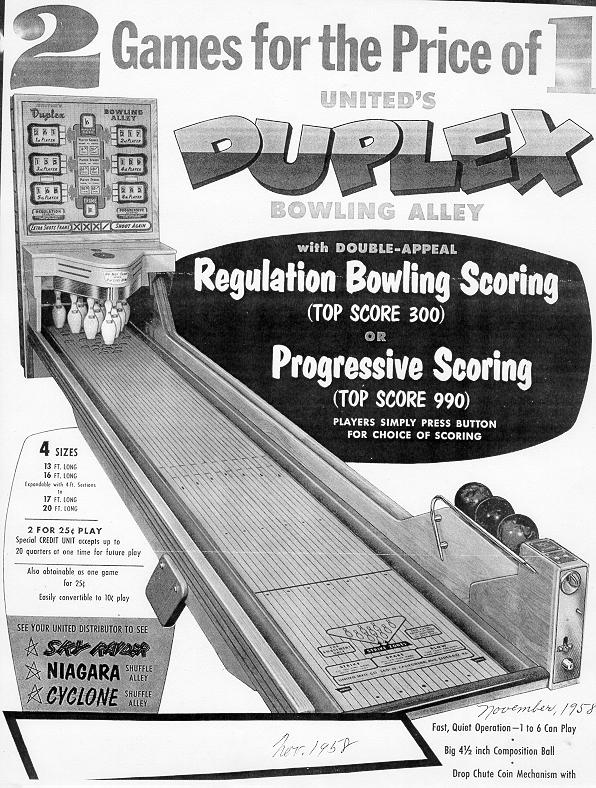 United Duplex Bowling Alley Ball Bowler 1958 coin operated ball bowling ...